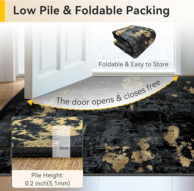 RELEANY Washable Runner 2'x7' Abstract Area Rug for Hallway Black Gold | Carpet for Kitchen, Entryway, Bathroom, Living Room, Bedroom, Printed Pattern, Non‑Slip, Soft, Stain‑Resistant, Easy to Clean