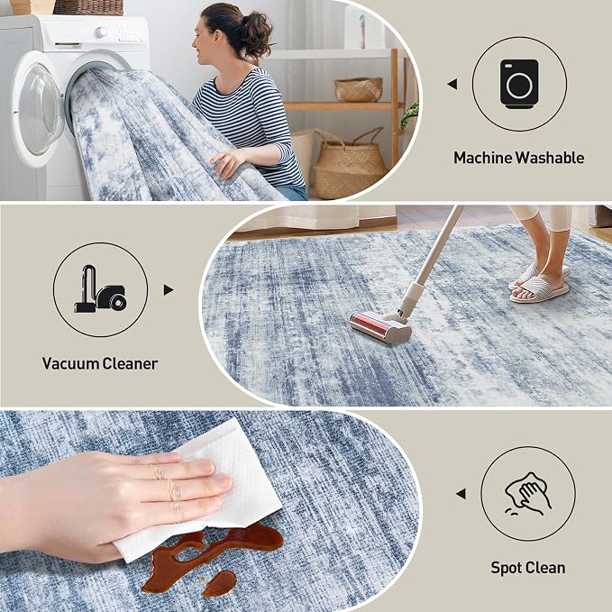6x9 Area Rugs for Living Room: Washable Abstract Blue White Badroom Carpet | Non-slip TPE backing makes this washable soft low-pile rug safe & durable, Pet-friendly decor for dining room,nursery,office