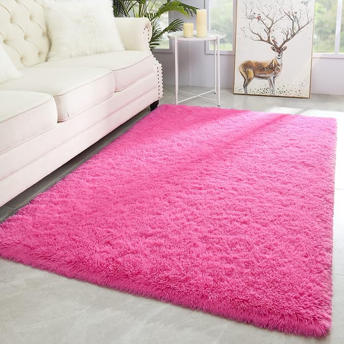 Modern Soft Fluffy Large Shaggy Rug for Bedroom Livingroom Dorm Kids Room Indoor Home Decorative, Non-Slip Plush Furry Fur Area Rugs Comfy Nursery Accent Floor Carpet 4'x6' Hot Pink