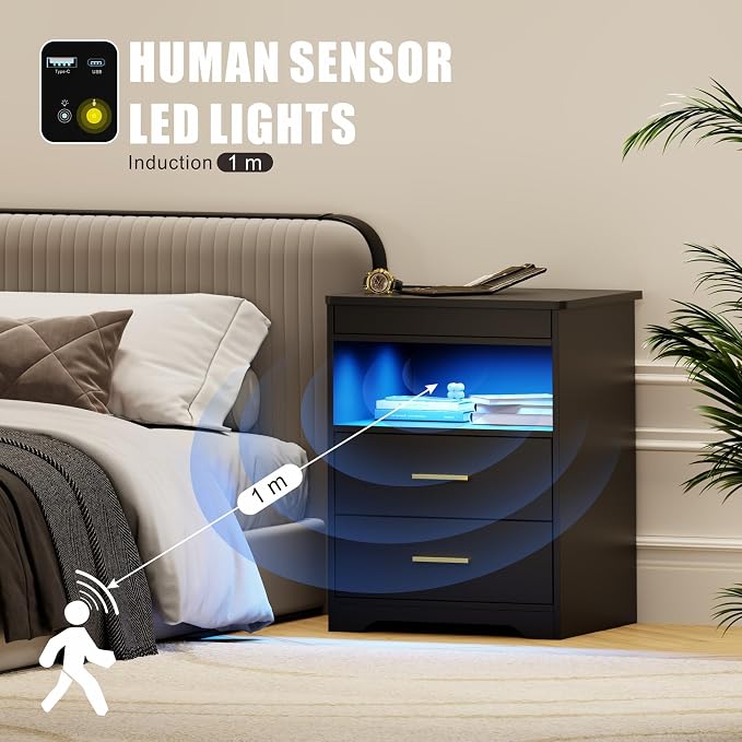 FREDEES LED Nightstand with Gun Drawer & Charging Station | 3-Color Lights & Human Body Sensor, Smart USB Type-c, 2 Drawers Hidden Storage, End Table Bedroom Livingroom
