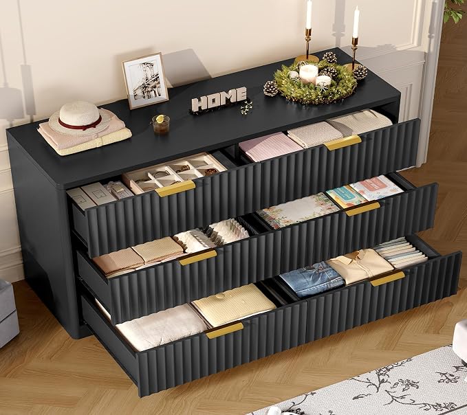 Fluted 6 Drawer Dresser for Bedroom, Wide Modern Chest of Drawers with Metal Handle, Curved Profile Design, Wood Closet Clothes Storage Organizer for Bedroom, Living Room, Hallway, Black