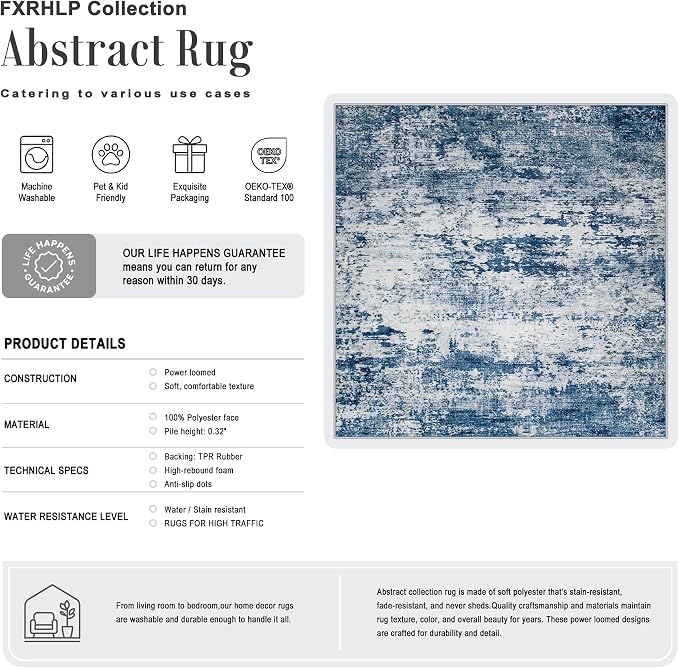 Area Rug Living Room: 6x6 Modern Washable Indoor Soft Carpet Blue | For Bedroom Dining Room Farmhouse Nursery Hallway Office,Modern Abstract,Machine washable,Non-Slip,Stain Resistant,Indoor
