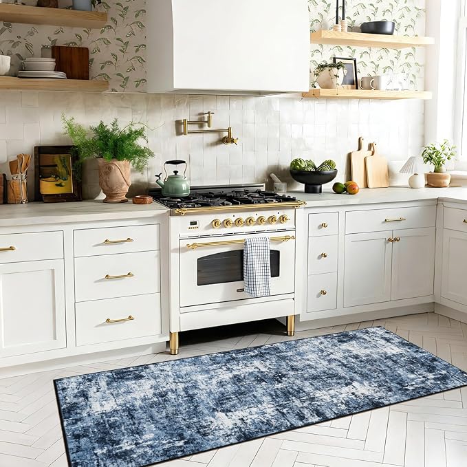 Rugflix 2x6 Runner Rug for Hallway, Washable Navy Blue Kitchen Runners | Machine Washable; Stain-Resistant; Low Pile; Non-Slip; Modern Abstract; Black Carpet for Bedroom Bathroom Laundry