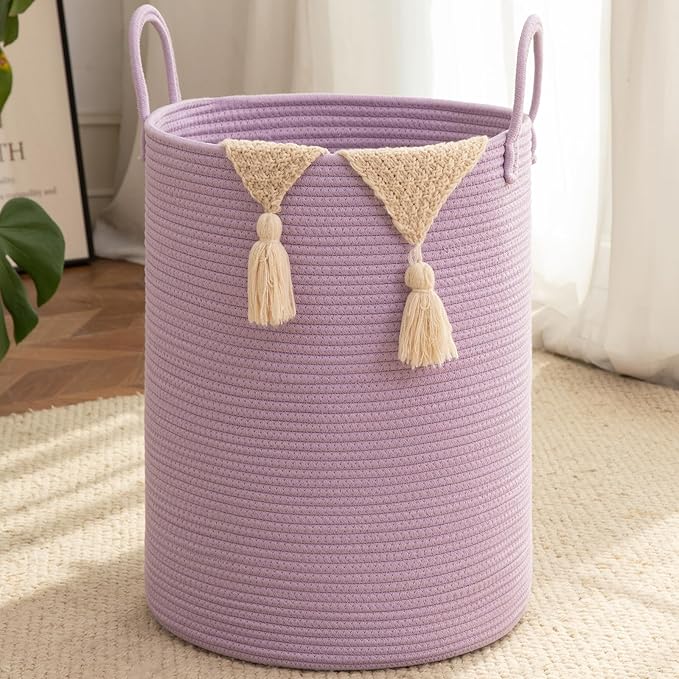 OIAHOMY 60L Nursery Hamper Laundry Basket Laundry Hamper Purple | collapsible Blanket Basket Cotton Rope Woven Basket Dirty Clothes Hamper Baby Hamper Tall Clothes Hamper with Handles