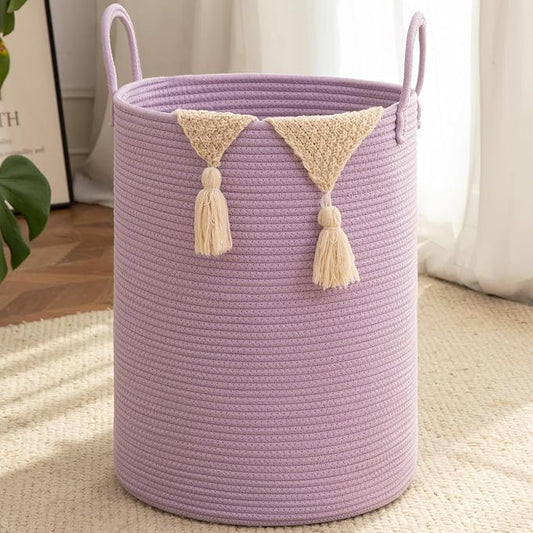 OIAHOMY 60L Nursery Hamper Laundry Basket Laundry Hamper Purple | collapsible Blanket Basket Cotton Rope Woven Basket Dirty Clothes Hamper Baby Hamper Tall Clothes Hamper with Handles