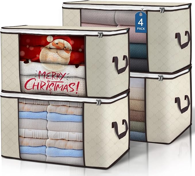90L Large Storage Bags, 4 Pack Clothes Storage Bins Closet Organizers | Foldable Storage Containers, with Reinforced Handle, for Clothing, Blanket, Comforters, Bed Sheets, Pillows and Toys