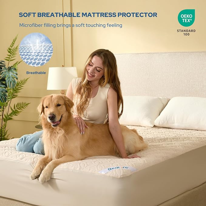 BEDLORE Waterproof Mattress Protector, Full Size Mattress Pad | Deep Pockets Fit 6"-15" Mattresses, Soft Dirt-proof Double Bed Mattress Cover for Bedroom, College Dorm, Hotel (Beige)