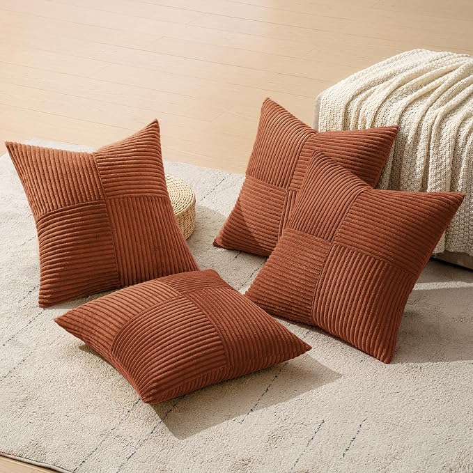MIULEE Fall Boho Farmhouse Rust Decorative Throw Pillow Covers 18x18 Inch 4 Packs Soft Vintage Pillow Cases Modern Corduroy Patchwork Cushion Covers for Couch Sofa Bed Home Decor, Terracotta