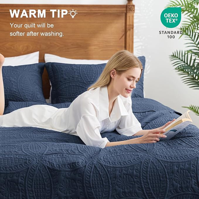 Love's cabin Twin Quilt Set Navy Blue Bedspreads - Soft Bed Summer Lightweight Bedspread Comforter - Modern Style Coin Pattern Coverlet for All Season - 2 Pieces (1 Quilt, 1 Pillow Sham)