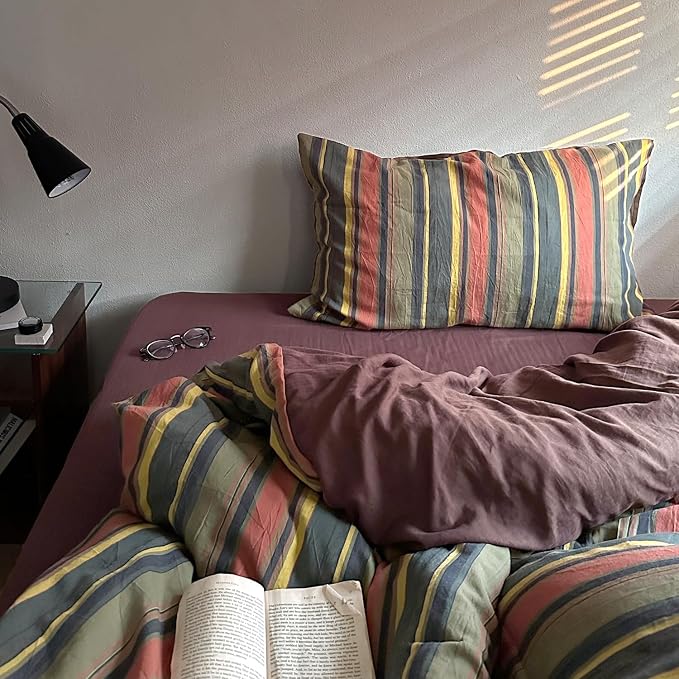 mixinni Vintage Striped Duvet Cover Set Full Size - 3 Piece 100% Washed Cotton Bedding Set, Soft & Breathable, Colorful Striped Pattern Printed Comforter Cover for All Seasons