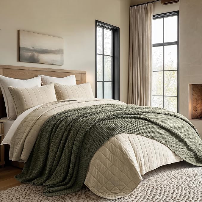 EVERGRACEHOME Chunky Chenille Knit Throw Blanket, 108x92, Olive Green | Sculpted Moss Stitch, Chic Modern Farmhouse, All-Season Warmth, OEKO-TEX® Certified, Oversized King for Couch, Bed, Sofa