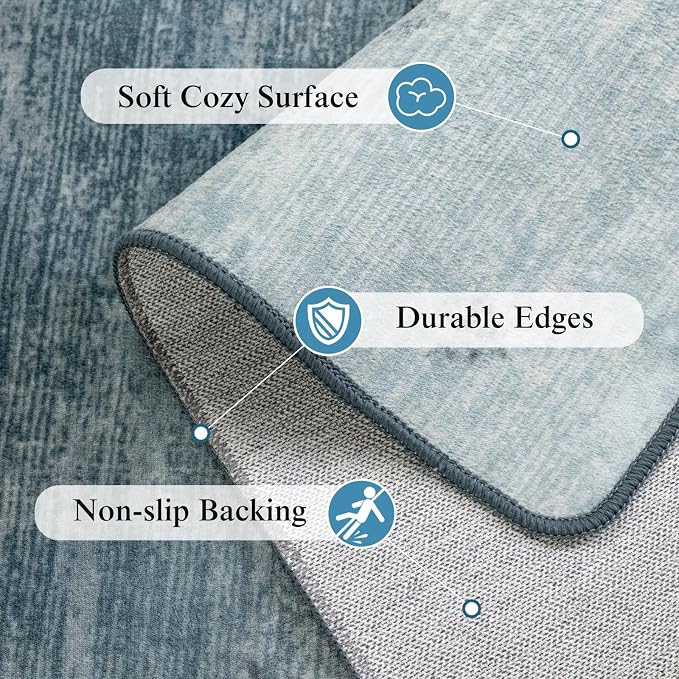 LIANLAM 10x12 Washable Rug, Blue Solid Area Rugs for Living Room & Bedroom | Stain-resistant & Non-slip backing,Low Pile Washable Large Carpet, Solid Vintage Style For High Traffic Areas(10x12,Blue)