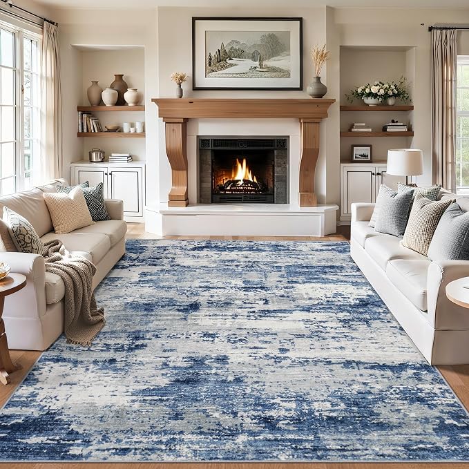 PLHXFR 8x10 Area Rug Living Room: Abstract Washable Carpet Blue Gray | For Bedroom Dining Room Farmhouse Nursery Home,Machine washable,Non Slip,Large Soft Neutral,Stain Resistant, Indoor Floor