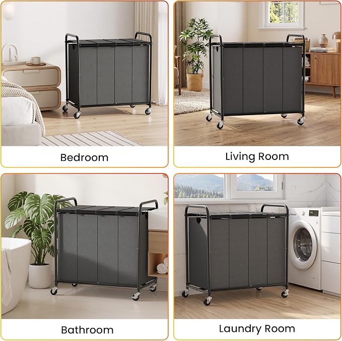 Laundry Sorter 4 Sections 48 Gal, Rolling Laundry Basket with Wheels ＆ Lid | Laundry Hamper, 4 Separated Removable Bags, Lockable Wheels, Dirty Clothes Hamper for Laundry Room Organizer, Grey