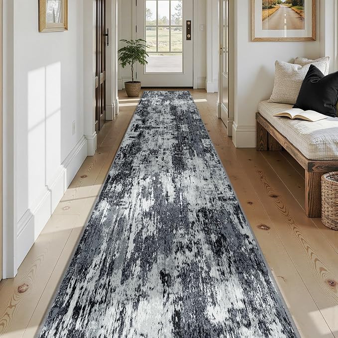RELEANY Washable Runner 2'6"x14' Abstract Area Rug for Hallway Black White | Carpet for Kitchen, Entryway, Bathroom, Living Room, Bedroom, Printed Pattern, Non‑Slip, Soft, Stain‑Resistant, Easy to Clean
