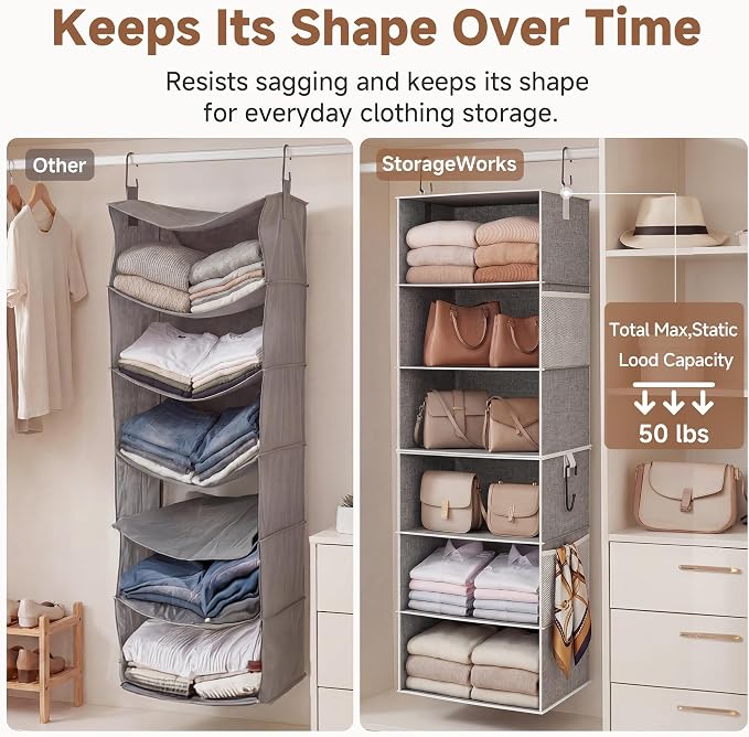 StorageWorks Hanging Closet Organizer, 6-Shelf with 2-in-1 Design, Ivory | Maximize Closet Space with Reinforced Shelves, Small Closet Storage Solution for Bedrooms, Dorms and RVs, Jumbo