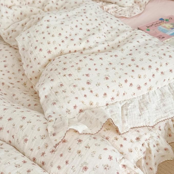 Chic Shabby Vintage Floral Duvet Cover Twin for Kids Girls Boys 100% Cotton Muslin Ruffled Quilt Cover Twin, 68"x86", Pink Floral Print, Soft Breathable, Zipper Closure, No Pillowcase