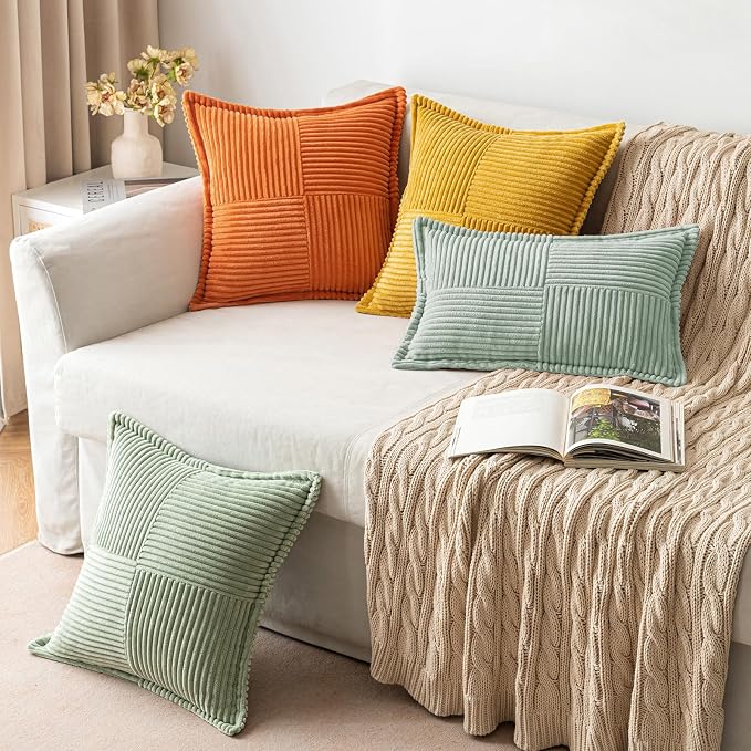 MIULEE Decorative Throw Pillow Covers for Couch 20x20 Inch Greyish Green | Boho Broadside Striped Patchwork Pillow Covers, Soft Corduroy Cushion Cases, For Sofa Bed Livingroom Home Decor