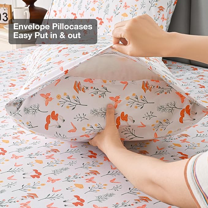 Viviland Mushroom Queen Sheet Set - 4 Piece Vintage Butterfly Flower Patterned Bed Sheets - Soft, Breathable Microfiber Floral Sheets with Deep Pocket, Non-Slip Fitted Sheets & Pillowcases