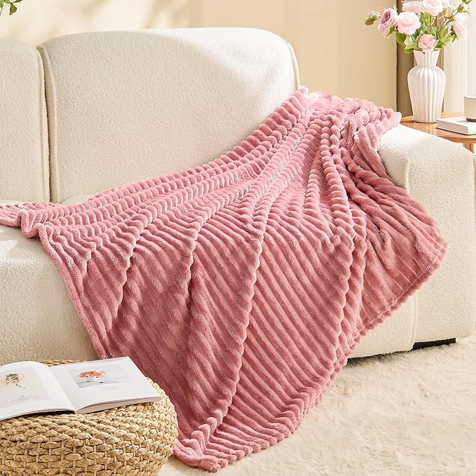 BEDELITE 3D Ribbed Jacquard Pink Fleece Throw Blanket for Couch, 50x60 Inch | Soft Warm Decorative Fluffy Blanket, Cozy Plush Lightweight Fuzzy Throw Blanket for Bed Sofa Home Room Decor, Gift for Women