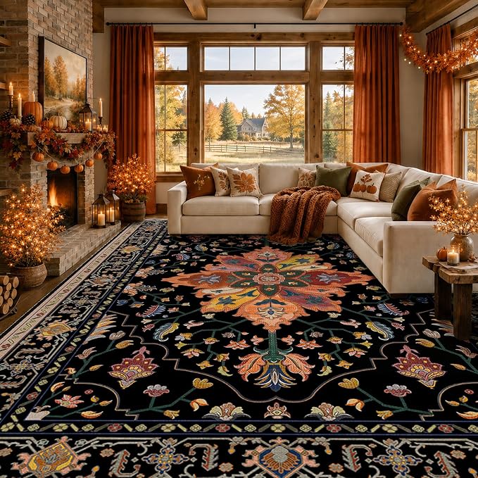 RELEANY Washable Area Rug, 8'x10', Black/Colorful | Non-Slip, Water Repellent, Pet Friendly, Easy to Clean, Vintage Floral Boho Decor for Living Room Bedroom Dining Room