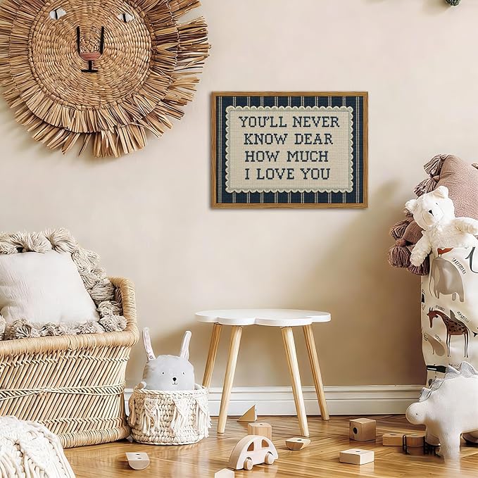Framed You'll Never Know Dear How Much I Love You Wall Art, Vintage Nursery Blue Striped Pictures Wall Decor, Inspirational Quote Paintings Canvas Prints for Baby Boy Bedroom Living Room 12x16 inch