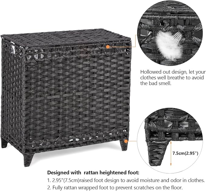 Laundry Hamper with 3 Removable Liner Bags, 132L Laundry Sorter with Lid | Raised Feet; Side Carry Handles; Handwoven PP Rattan; Rust-Resistant Iron Frame; Decorative Woven Design