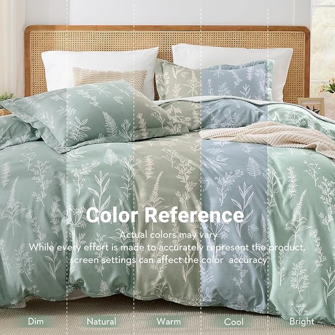 MUXHOMO Duvet Cover Full Size, Reversible Floral Green Duvet Cover Set with Zipper Closure, 3 Pieces Botanical Patterns Soft Microfiber Bedding Set with 4 Ties (80"x90", 2 Pillow Cases)