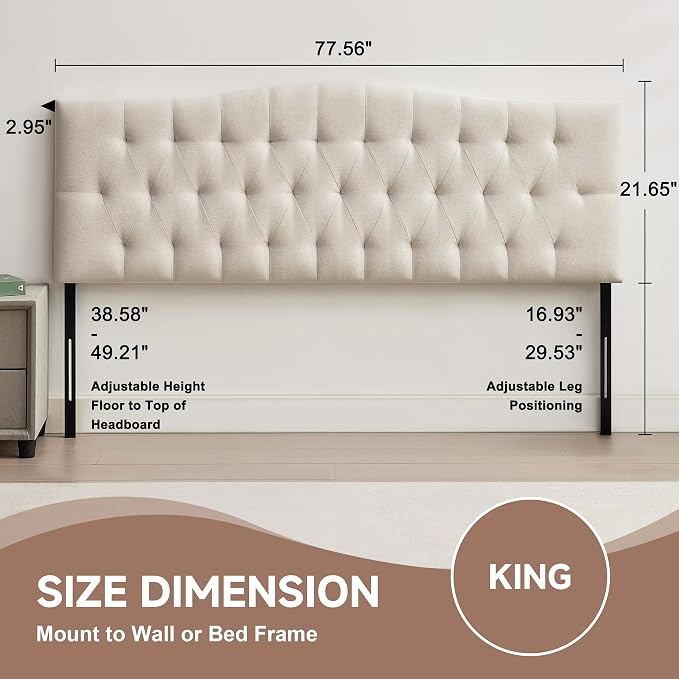 Tufted Upholstered King Size Headboard Only, Adjustable 38-50 in, Beige | King Headboard for King Size Bed, Durable Linen Fabric Headboards, Modern Diamon Design Wood Head Board