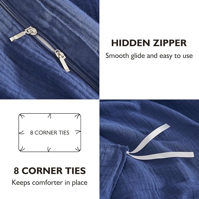 EMME Muslin Cotton Duvet Cover Set King Size Linen Like Soft Breathable Lightweight Summer Comforter Cover Set with Zipper Closure (Navy, King, 104"x90")