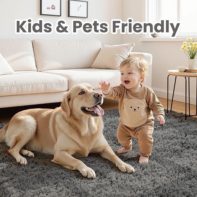 4x6 Fluffy Shag Area Rugs for Living Room Bedroom: Soft Plush Carpet Grey | Upgraded Non-Slip Thick Memory Foam, Ultra Soft, Non-Shedding Fuzzy Carpet, Easy Clean Decor for Kids Room, Nursery, Playroom