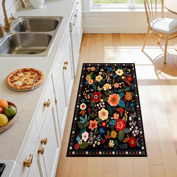 Floral Washable 2x4 Area Rugs Runner Entryway Hallway Black | Flower Carpet, Print, Boho, Non-Slip, Easy to Clean, Low Pile, Soft, for Living Room Bedroom Kitchen Office Entrance