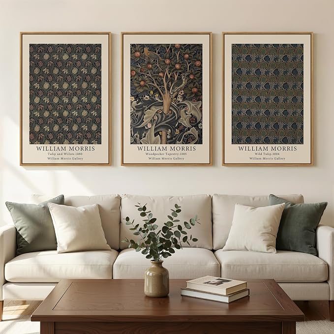 Framed Vintage William Morris Botanical Floral Canvas Wall Art, 3 Piece | Rustic nature, Retro classic, Illustration prints, 30x60 inch, Living room, Bedroom, Dining room, Hallway decor
