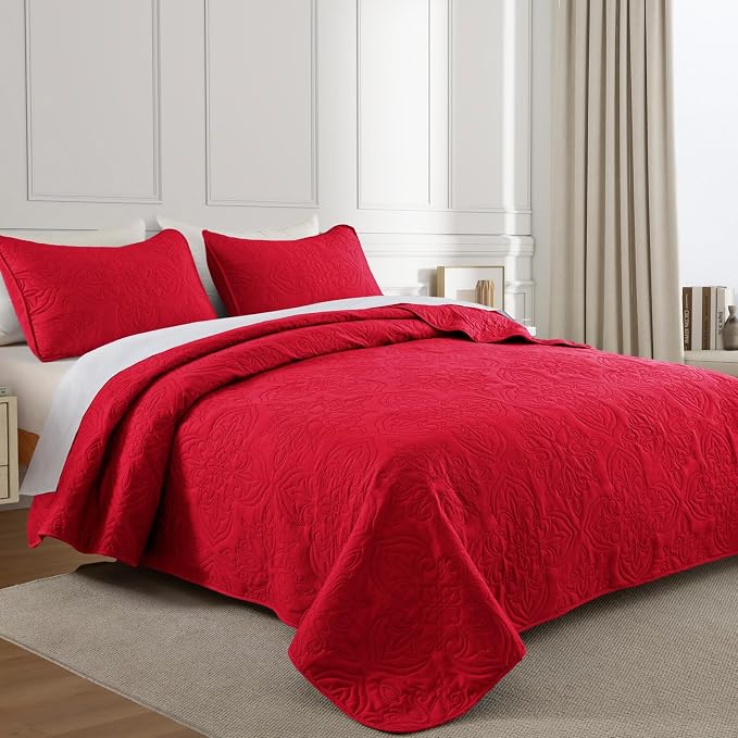 Whale Flotilla Cal King Quilt Set Vintage Damask Reversible Bedspread | Suitable for Bed, 3 Pieces Red Lightweight Breathable Oversized Quilts, Ultrasonic Coverlet Bed Cover with 2 Pillow Shams