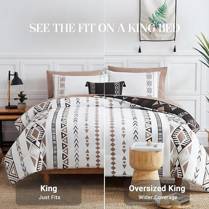 King Size Comforter Set - 7 Pieces Western Bedding Reversible Bed in a Bag | Boho Bedding, All Season Aztec Bed Set with Comforter, Sheets, Pillowcases & Shams, Brown