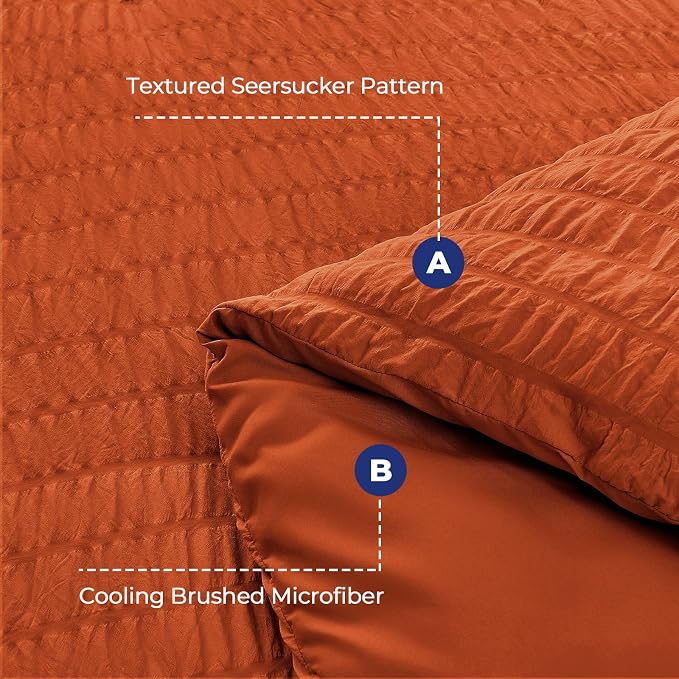 HYMOKEGE Burnt Orange Queen Comforter Set Seersucker 7 Pieces, All Season Luxury Bed in a Bag for Bedroom, Bedding Set with Comforters, Sheets, Pillowcases & Shams