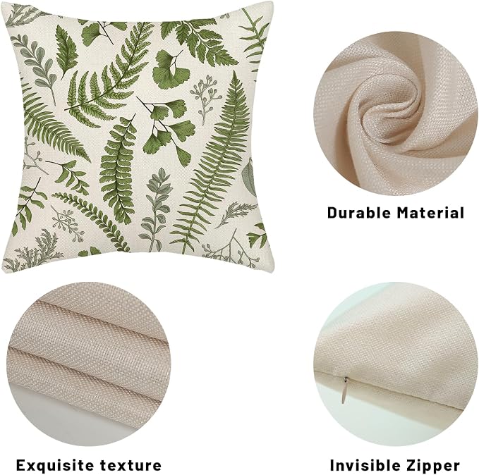 Sage Green Spring Pillow Covers 16x16 Inch 2 Pcs Vintage Leaf Plant Decor Throw Pillows Tropical Botanical Leaves Seasonal Outdoor Decoration Pillowcase Linen Cushion Cover for Couch Sofa