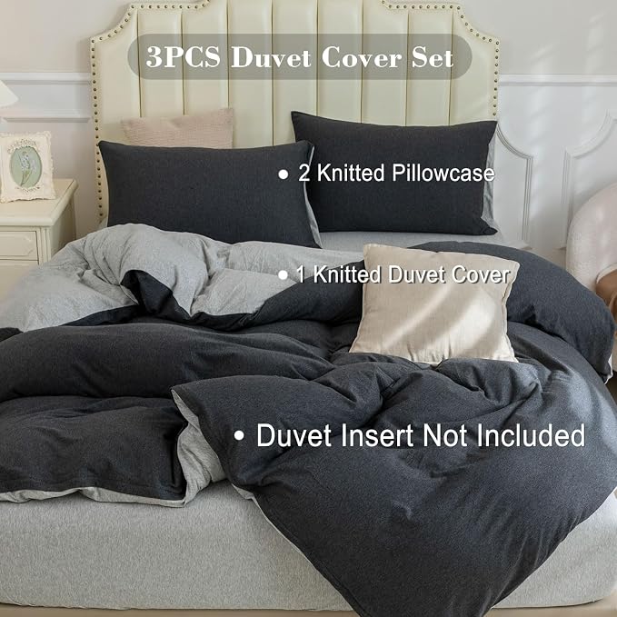 PURE ERA Jersey Knit Sheet Set Heather Charcoal Grey/Grey King | 100% Cotton, 3 Piece Set, T Shirt Soft, Breathable, Envelope Closure Pillowcases, Hidden Zipper, 8 Ties, No Insert, Modern