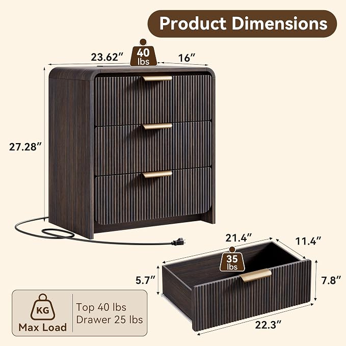 24" 3 Drawers Fluted Nightstand, Black Walnut | 3 Drawers Bedside Table, Metal Handles & Charging Station, Curved Profile End Table for Bedroom