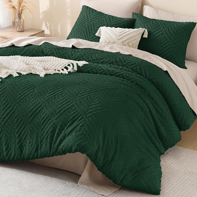 Litanika Full Size Comforter Set, 3 Pieces Emerald Tufted Boho Bedding Set | Emerald Green Farmhouse Shabby Chic Vintage Bohemian Textured Aesthetic Soft Fluffy Lightweight Breathable All Season Bed Set