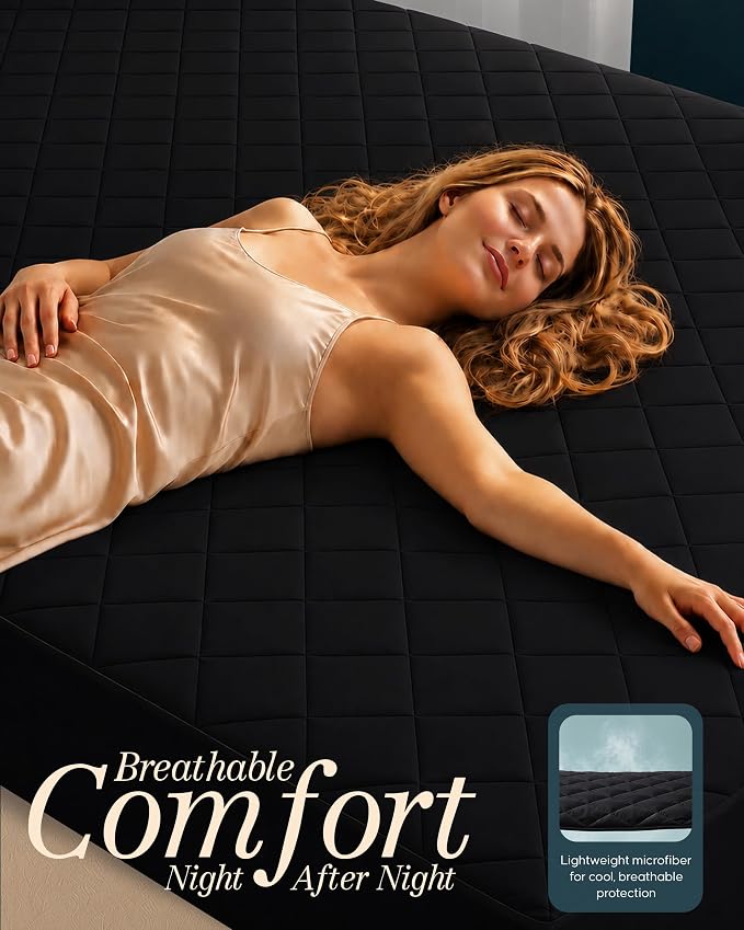 Quilted Mattress Pad, Queen Mattress Protector Topper fits 16" Deep, Black | Soft Breathable Fitted Mattress Cover, Noiseless, Deep Pockets & Machine Washable for Home & Hotels by Utopia Bedding