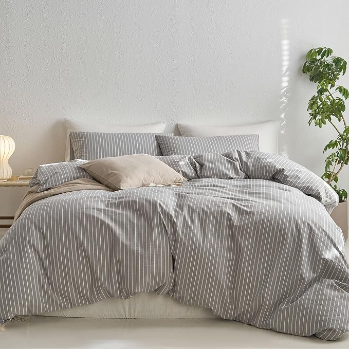 MooMee Striped Duvet Cover Set 100% Washed Cotton Linen Like | Relaxed Linen-like Texture. Soft, Breathable & Long-lasting Comfort. Lightweight. Hidden Zipper with 8 Interior Corner Ties