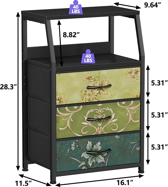 Furnulem Retro NightStand with 3 Drawer, Small Vintage Storage Dresser | Small Fabric Night stand Side Table with 2-Tier Shelf, Storage Drawer for Dorm, Closet, Bedside Table, Metal Frame, Wood Top