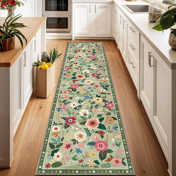 Floral Washable 2x6 Area Rugs Runner Entryway Hallway LightGreen | Flower Carpet, Print, Boho, Non-Slip, Easy to Clean, Low Pile, Soft, for Living Room Bedroom Kitchen Office Entrance