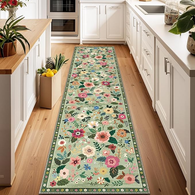 Floral Washable 2x10 Area Rugs Runner Entryway Hallway LightGreen | Flower Carpet, Print, Boho, Non-Slip, Easy to Clean, Low Pile, Soft, for Living Room Bedroom Kitchen Office Entrance