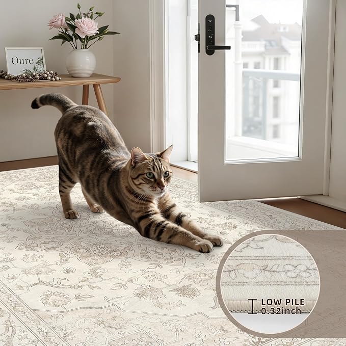 2'6''x8' Hallway Washable Runner Rug: Kitchen Carpet Beige White | Vintage Boho Soft Small Indoor Decor Floor Non-Slip Low Pile Neutral Farmhouse Entryway Laundry Bathroom Bedroom Beside Rugs