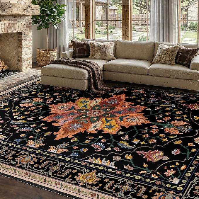 RELEANY Washable Area Rug, 7'x9', Black/Colorful | Non-Slip, Water Repellent, Pet Friendly, Easy to Clean, Vintage Floral Boho Decor for Living Room Bedroom Dining Room Office