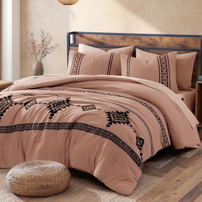 MaiRêve Embroidery Full Size Comforter Set 7 Pieces Dusty Pink Bed in a Bag | Western Boho Farmhouse Bedding Sets with Comforter, Sheets, Pillowcases & Shams