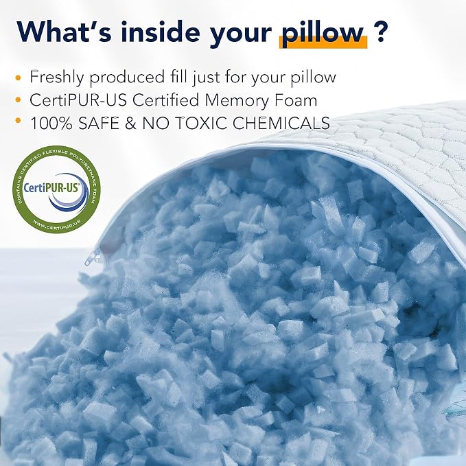 QUTOOL Cooling Pillow for Sleeping, CertiPUR-US Shredded Memory Foam Queen Pillow Set of 1, Cool Pillow for Hot Sleepers Adjustable Firm Pillow for Side, Back, Stomach Sleepers Soft Yet Support, White