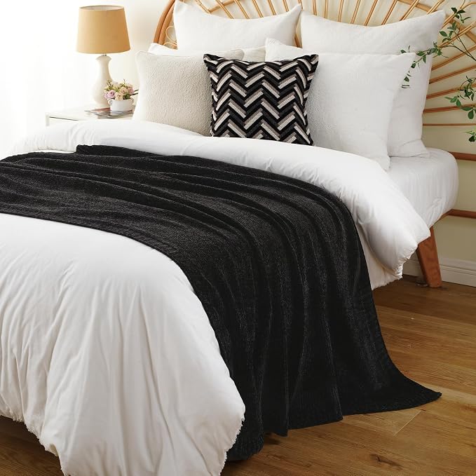 Black Throw Blanket for Couch, Soft Woven Chenille Throw Blanket 51"x67" | Shiny Chenille Blanket, Cozy Cable Knit Throw Blanket for Bed Sofa Home Decor